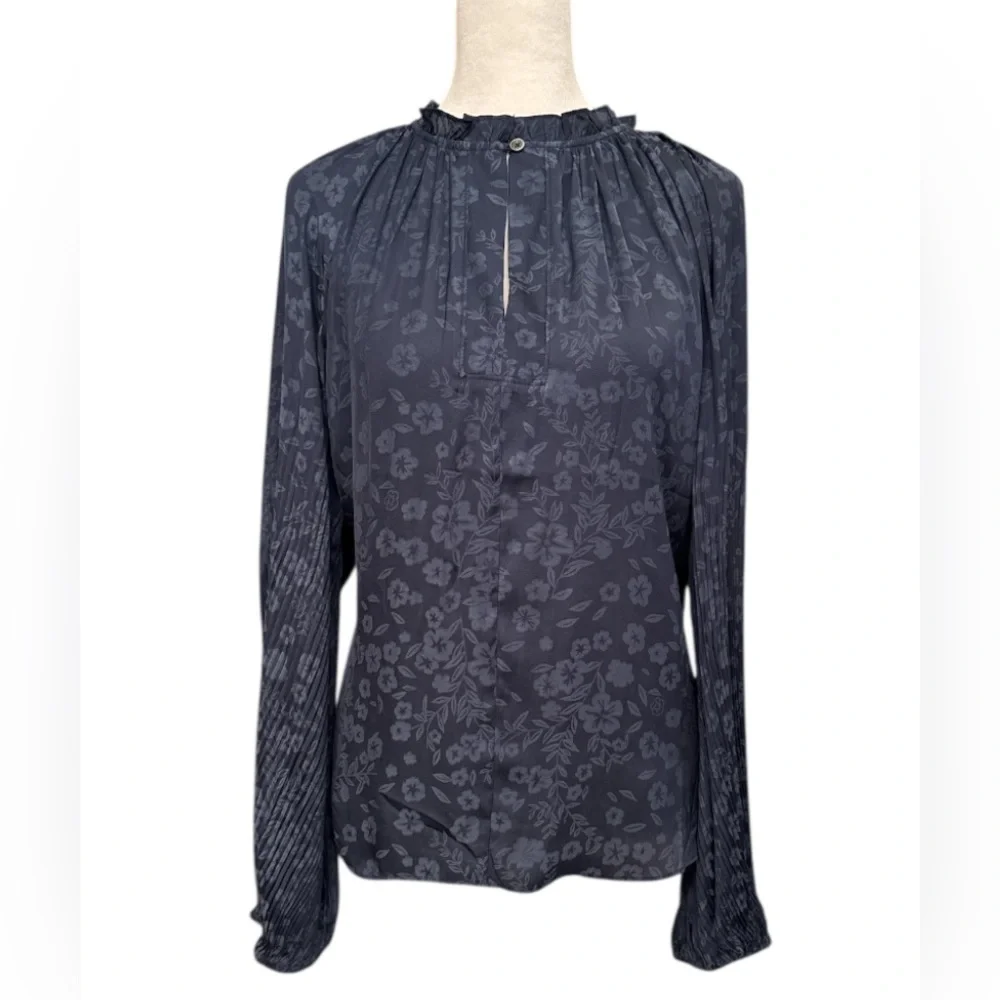 NWT Current Air Floral Jacquard Split Button Neck Long Sleeve In Midnight Size M - Picture 4 of 12